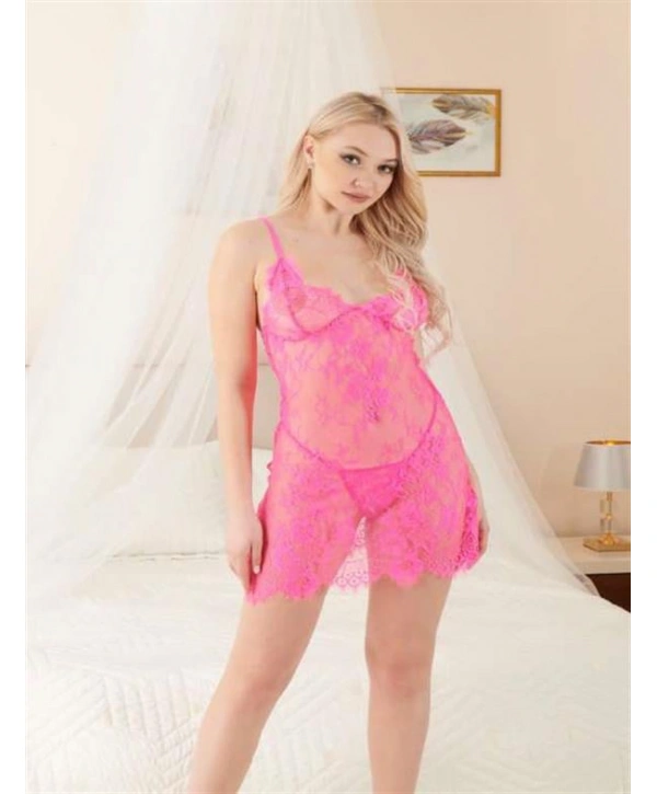 Morliva  Pembe Transparan Dantel Fantezi Gecelik