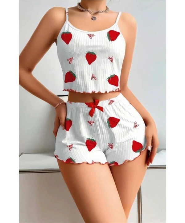 Morliva Penye Kumaş Çilek Desen Beyaz Şortlu Takım