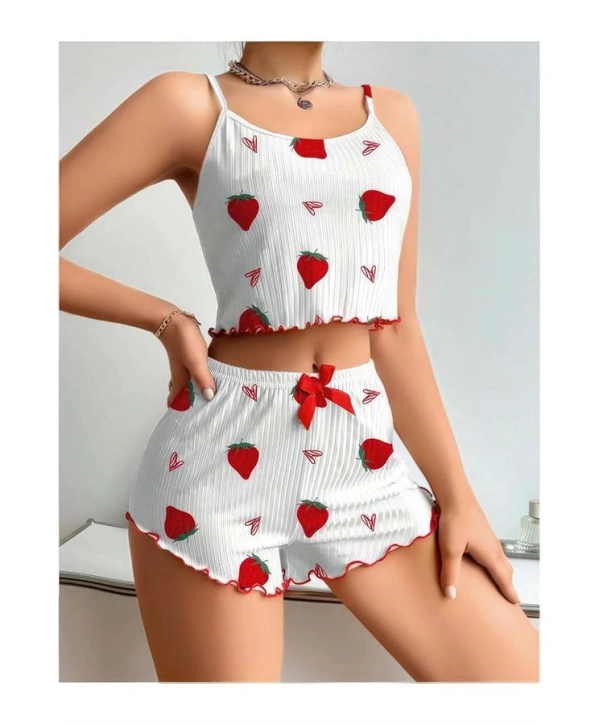 Morliva Penye Kumaş Çilek Desen Beyaz Şortlu Takım