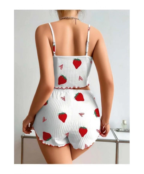 Morliva Penye Kumaş Çilek Desen Beyaz Şortlu Takım