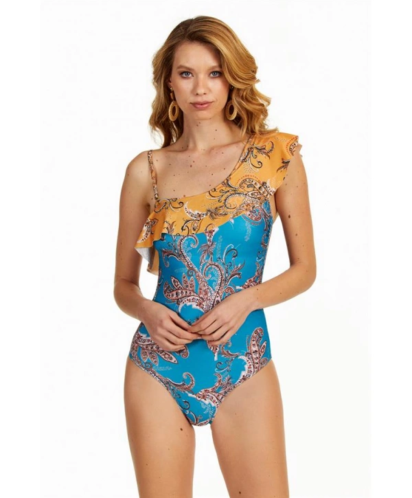 Morliva  Şal Desenli Tek Omuz Fırfırlı Mayo