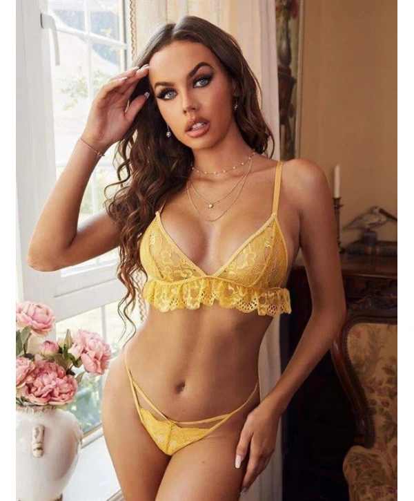 Morliva Sarı Dantelli Transparan Fantezi Sütyen String Takımı