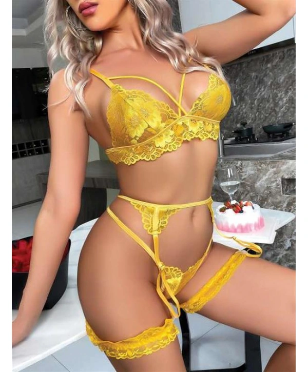 Morliva Sarı Göğüs İp Detaylı Fantezi Jartiyer Takım