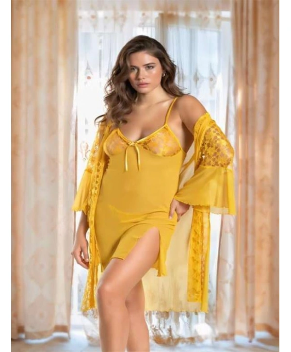 Morliva Sarı Transparan Dantel İşlemeli Tül Yırtmaçlı 2li Gecelik Takımı