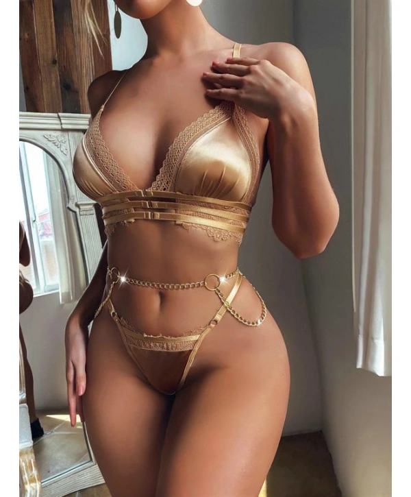 Morliva Sarı Zincir Detaylı Fantezi Sütyen Takımı