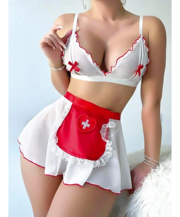 Şık Tasarım Beyaz Etekli Fantezi Hemşire Kostümü