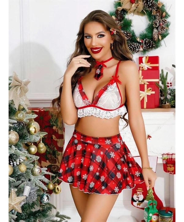 Şık Tasarım Ekose Etekli Fantezi Dantelli Yılbaşı Kostümü