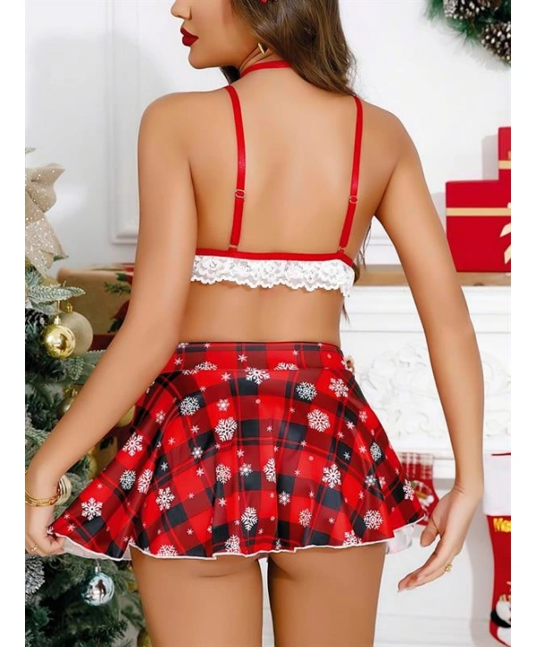 Şık Tasarım Ekose Etekli Fantezi Dantelli Yılbaşı Kostümü