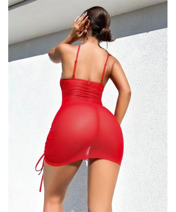 Şık Tasarım Kırmızı İp Bağlamalı Fantezi Gece Elbisesi
