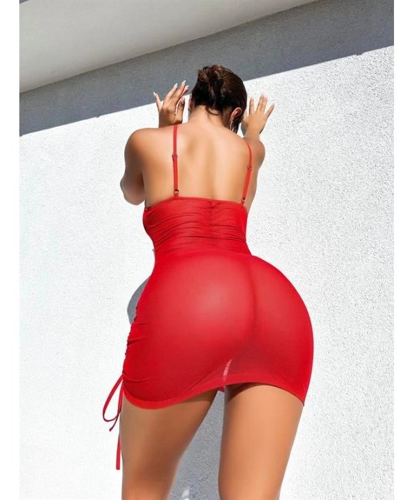 Şık Tasarım Kırmızı İp Bağlamalı Fantezi Gece Elbisesi