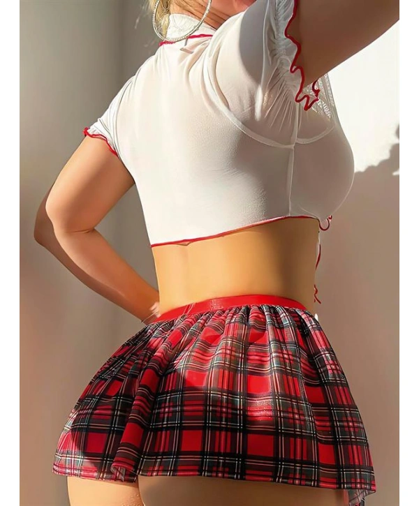 Morliva Şık Tasarım Tül Ekose Etekli Üst Kısmı Bağlamalı Fantezi Öğrenci Kostümü