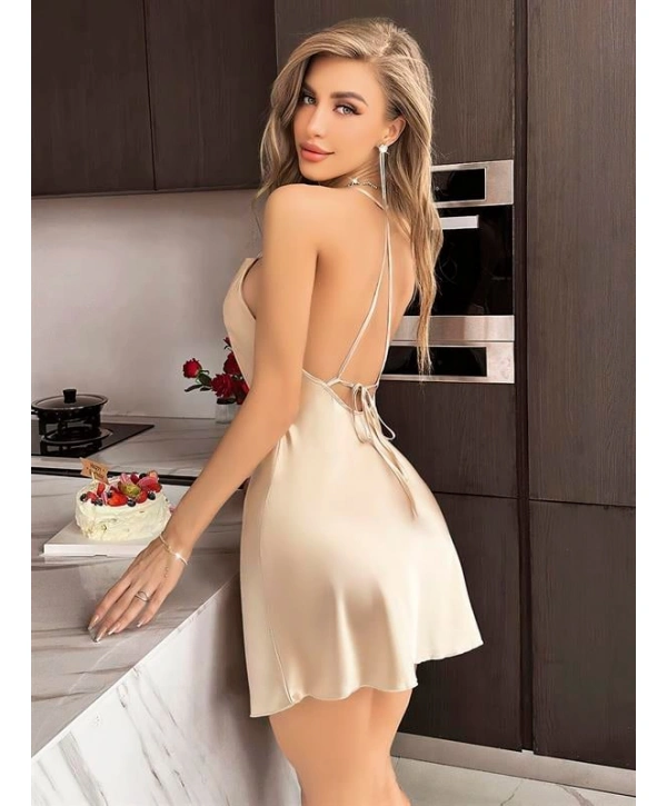 Morliva  Sırt Dekolteli Degajeli Somon Saten Gecelik