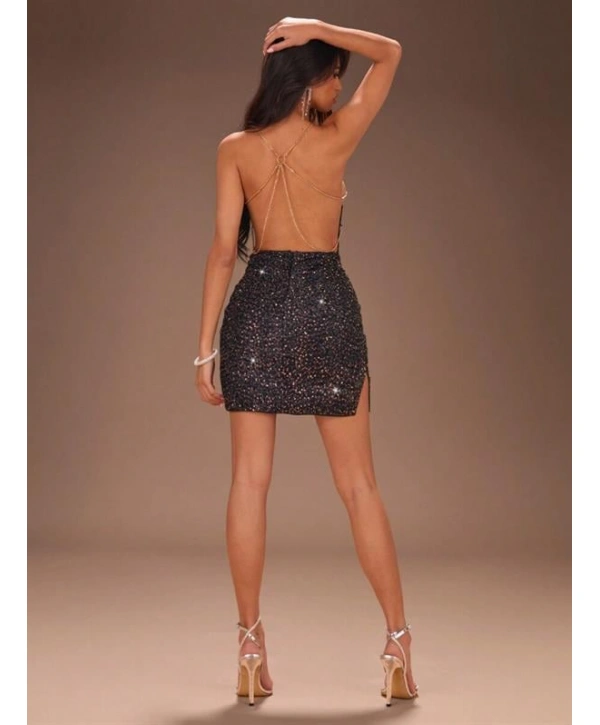 Morliva Sırt Zincir Dekolteli Seksi Mini Kadın Elbise