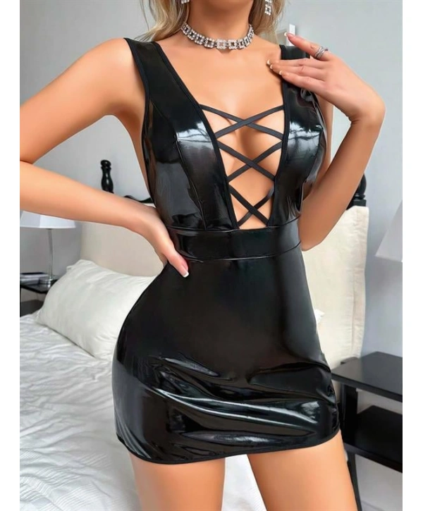 Morliva  Siyah Arkası İp Dekolteli Mini Fantezi Parlak Deri Elbise