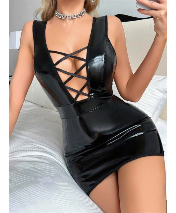 Morliva  Siyah Arkası İp Dekolteli Mini Fantezi Parlak Deri Elbise