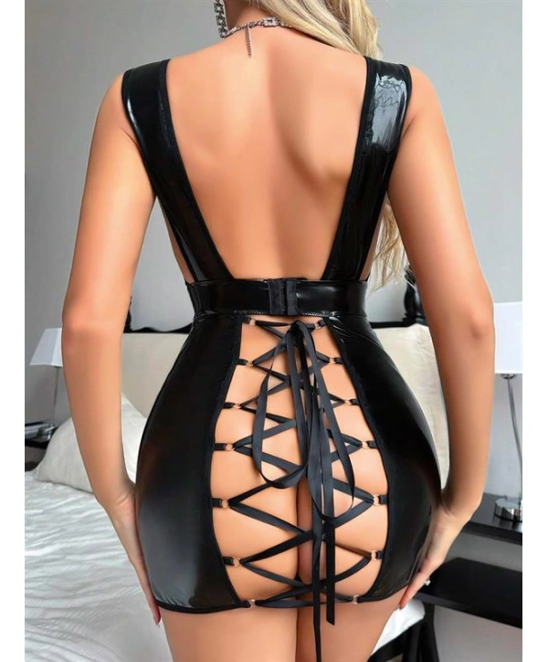 Morliva  Siyah Arkası İp Dekolteli Mini Fantezi Parlak Deri Elbise