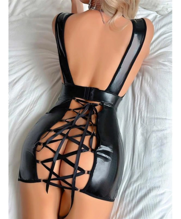 Morliva  Siyah Arkası İp Dekolteli Mini Fantezi Parlak Deri Elbise