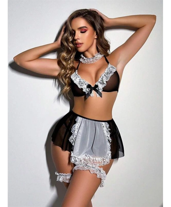 Morliva Siyah Bacak Bantlı Fantezi Hizmetçi Kostümü