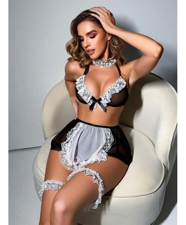 Morliva Siyah Bacak Bantlı Fantezi Hizmetçi Kostümü