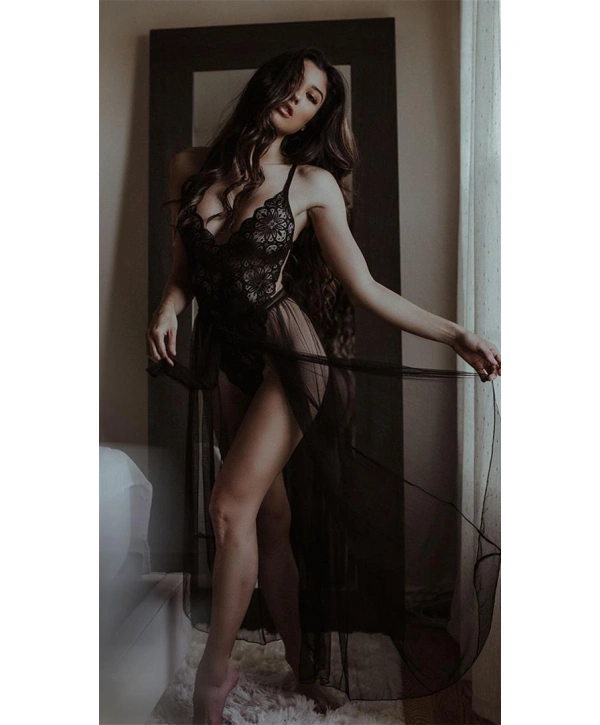 Morliva Siyah Belden Bağlamalı Dantelli Body Gecelik