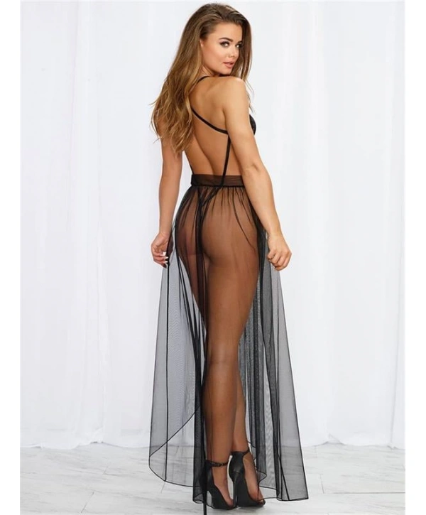 Morliva Siyah Belden Bağlamalı Dantelli Body Gecelik