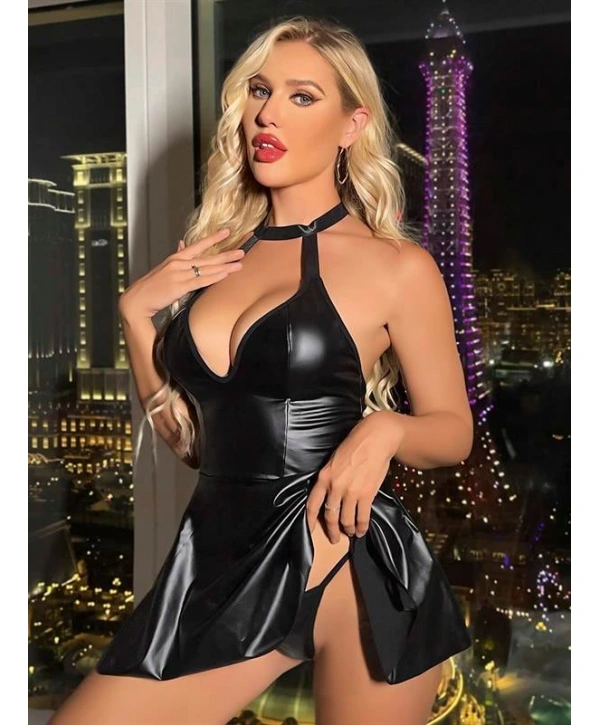 Morliva Siyah Boyundan Bağlamalı Fantezi Parlak Deri Gecelik