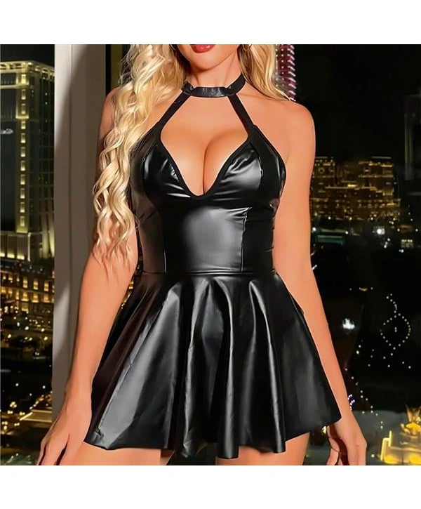 Morliva Siyah Boyundan Bağlamalı Fantezi Parlak Deri Gecelik