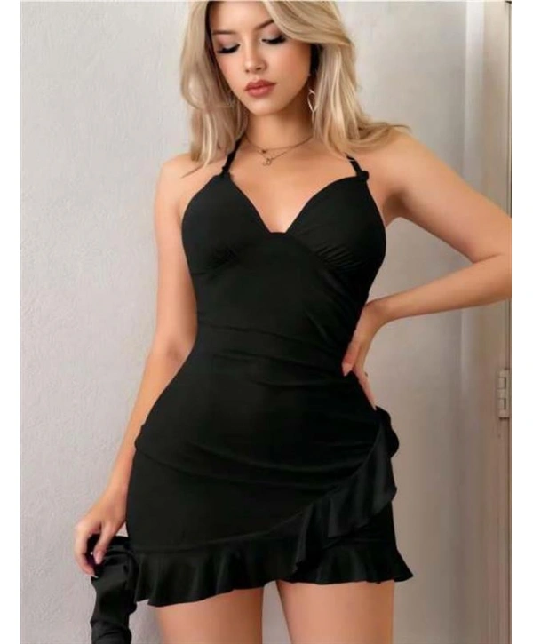 Morliva Siyah Boyundan Bağlamalı Fırfırlı Fantezi Mini Club Elbisesi