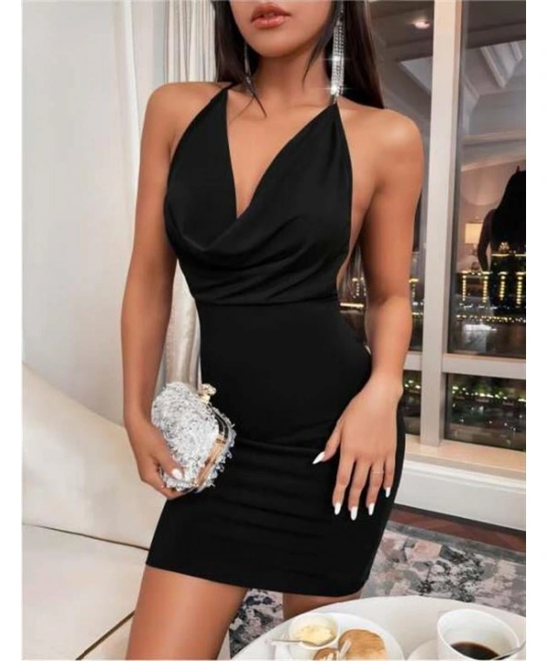 Morliva Siyah Boyundan Bağlamalı Sırt Dekolteli Mini Club Elbisesi