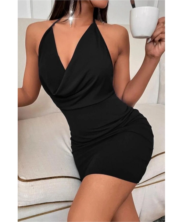 Morliva Siyah Boyundan Bağlamalı Sırt Dekolteli Mini Club Elbisesi