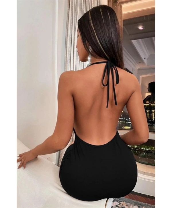 Morliva Siyah Boyundan Bağlamalı Sırt Dekolteli Mini Club Elbisesi