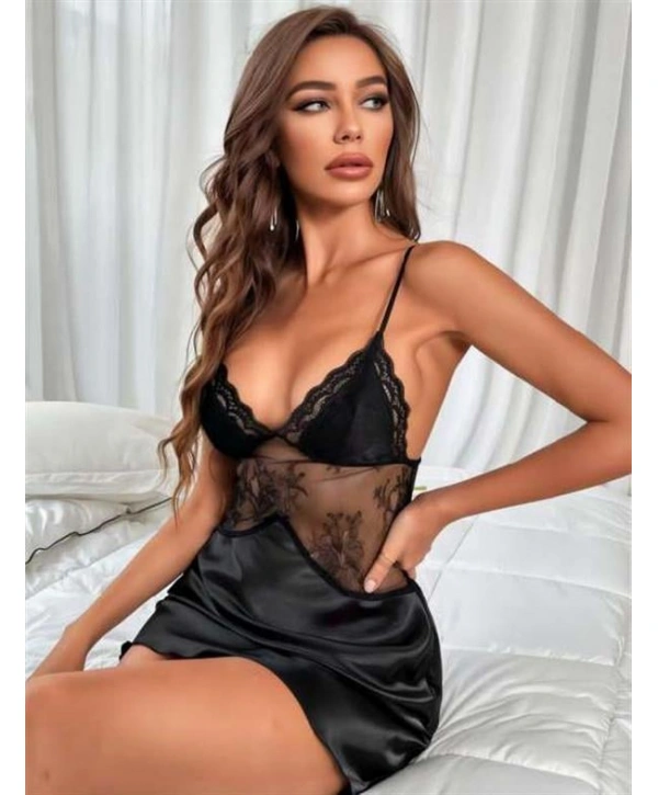 Siyah Dantel Detaylı İnce Askılı Saten Kısa Fantezi Gecelik