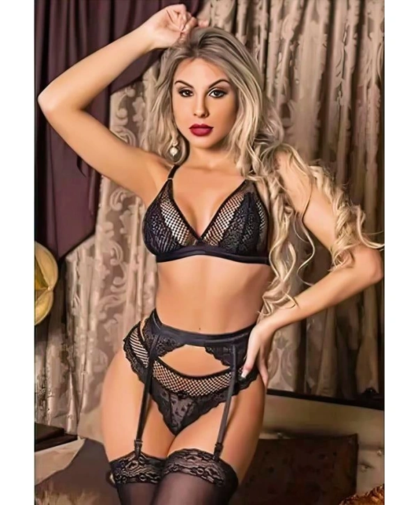 Morliva Siyah Dantel İşlemeli Fileli Fantezi Jartiyer Takımı