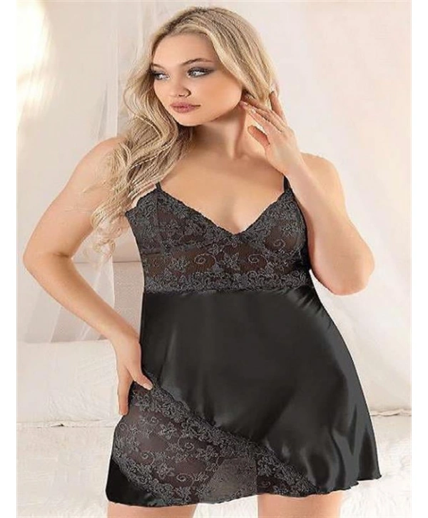 Morliva Siyah Dantel İşlemeli İnce Askılı Saten Kısa Fantezi Gecelik