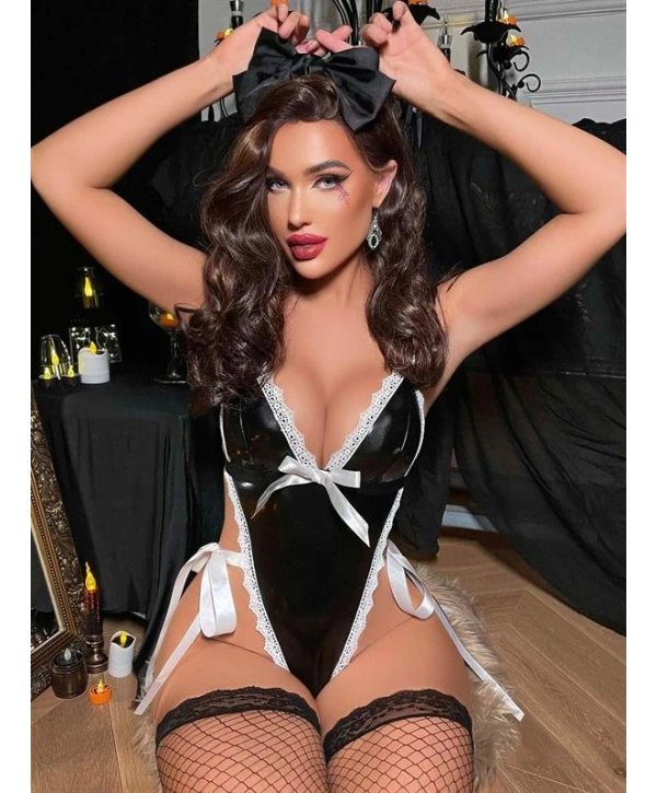 Morliva Siyah Dantel İşlemeli İp Detaylı Fantezi Deri Body