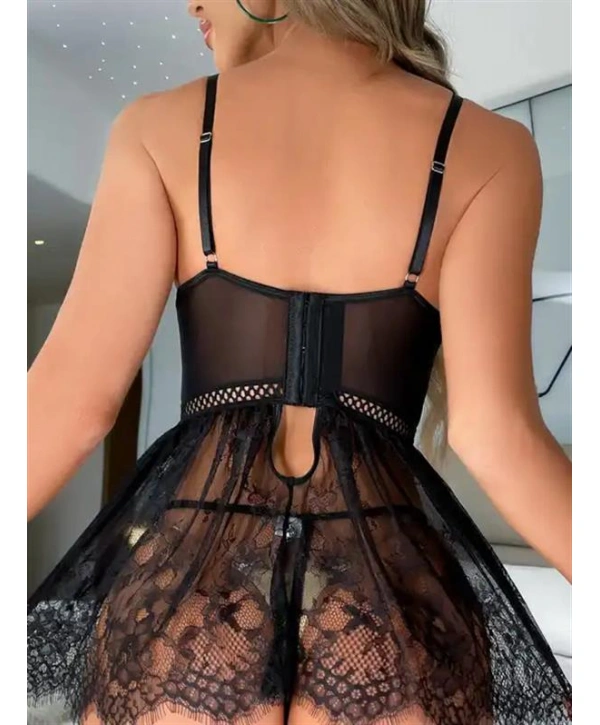 Morliva Siyah Dantel İşlemeli Jartiyerli Gecelik Takımı