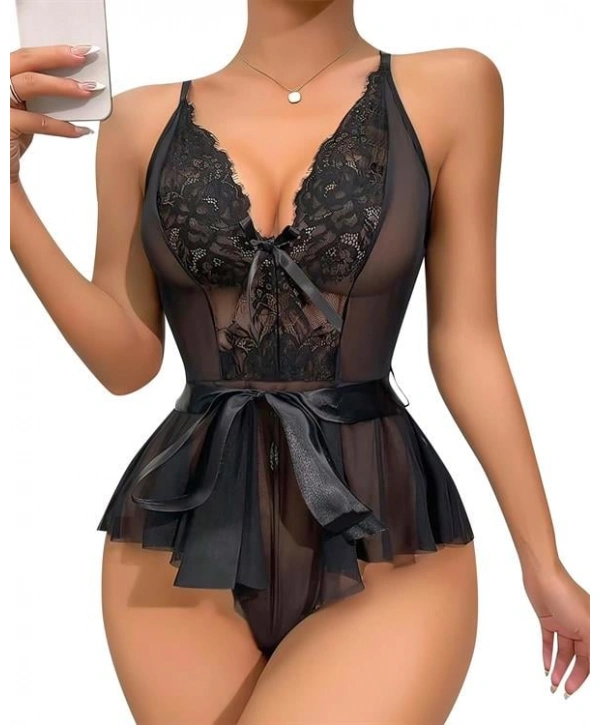 Morliva Siyah Dantel İşlemeli Kurdelalı Fantezi Tül Babydoll