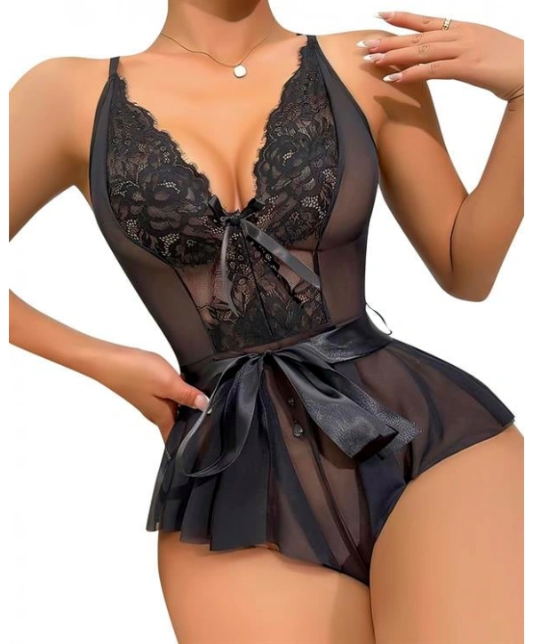 Morliva Siyah Dantel İşlemeli Kurdelalı Fantezi Tül Babydoll