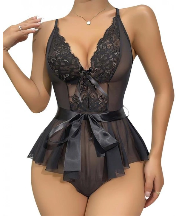 Morliva Siyah Dantel İşlemeli Kurdelalı Fantezi Tül Babydoll