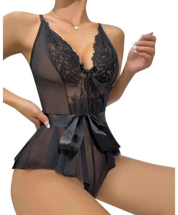 Morliva Siyah Dantel İşlemeli Kurdelalı Fantezi Tül Babydoll