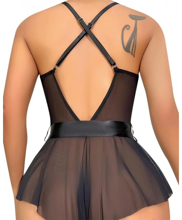 Morliva Siyah Dantel İşlemeli Kurdelalı Fantezi Tül Babydoll