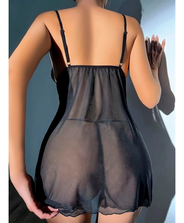 Morliva Siyah Dantel İşlemeli Önden Bağlamalı Fantezi Şık Tül Gecelik