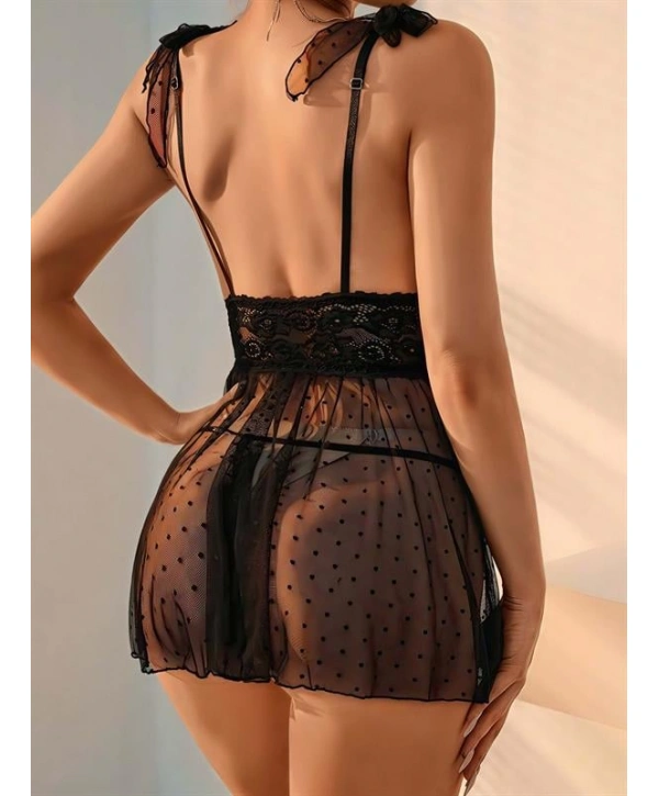 Morliva Siyah Dantel İşlemeli Puantiyeli Tül Fantezi Gecelik