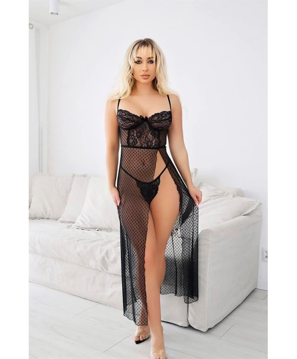 Siyah Dantel İşlemeli Yırtmaçlı Fantezi Şık Tül Gecelik