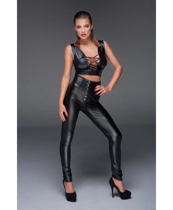 Morliva Siyah Dekolteli Fantezi Deri Tulum