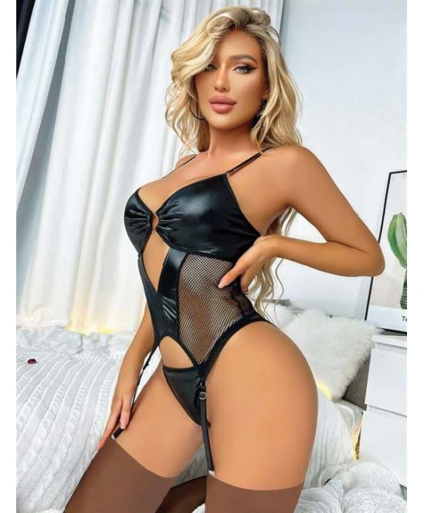 Morliva  Siyah Deri Fileli Fantezi Jartiyer Takım