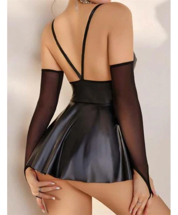 Morliva Siyah Etekli Fantezi Deri Elbise