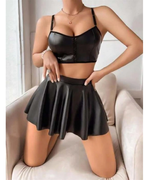 Morliva Siyah Etekli Şık Fantezi Deri Elbise