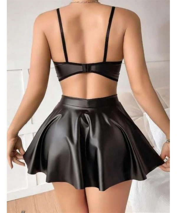 Morliva Siyah Etekli Şık Fantezi Deri Elbise