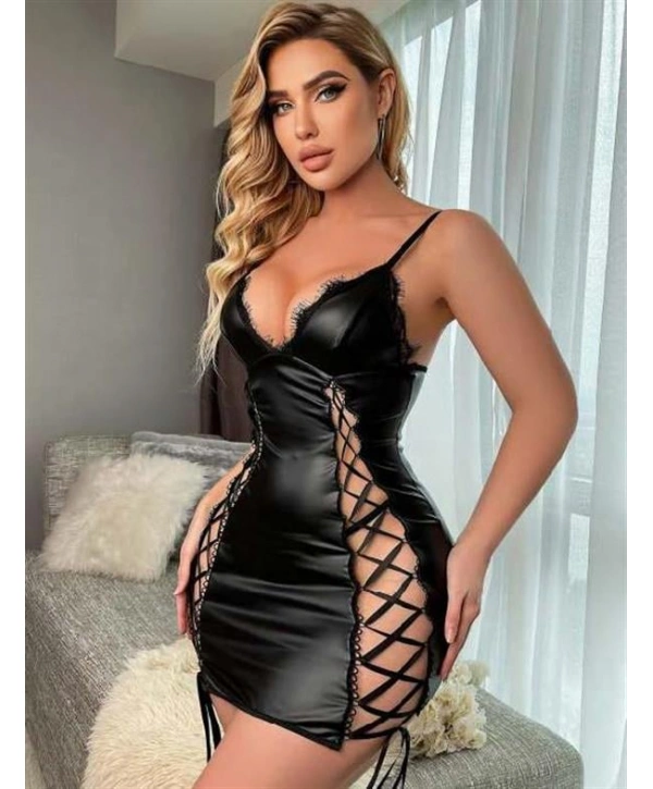 Morliva Siyah Fantezi İp Detaylı Deri Şık Elbise